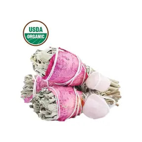 Sage Torch Smudge with Rose Petals and Rose Quartz